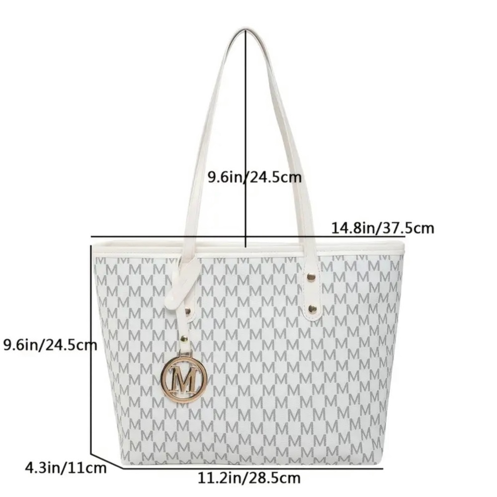 Stylish White Monogram Tote Bag with Gold ‘M’ Charm - Picture 3 of 5